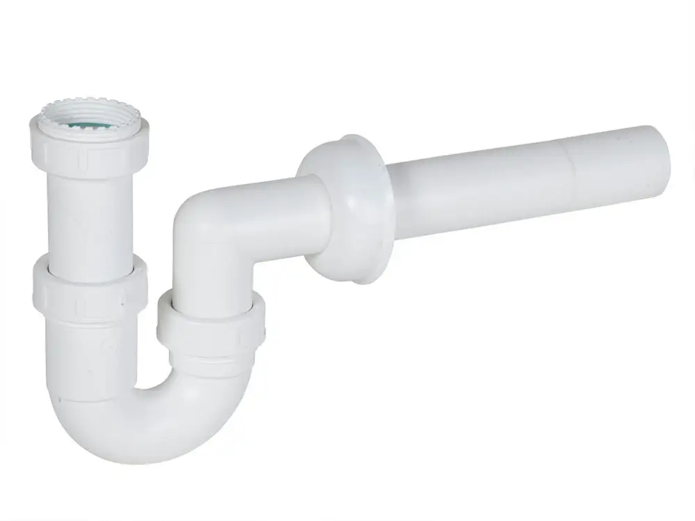 Kondensatsiphon aus weißem Kunststoff von Fränkische, mit U-förmigem Design und einem Anschluss für Abflussleitungen.